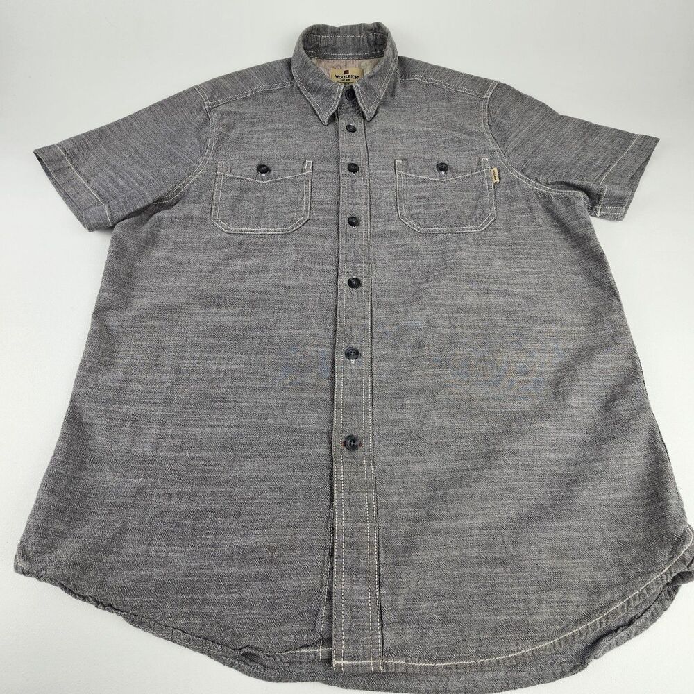 Woolrich Mens M Gray Chambray Work Shirt Short Sleeve Dual Pocket 100% Cotton - Picture 2 of 9
